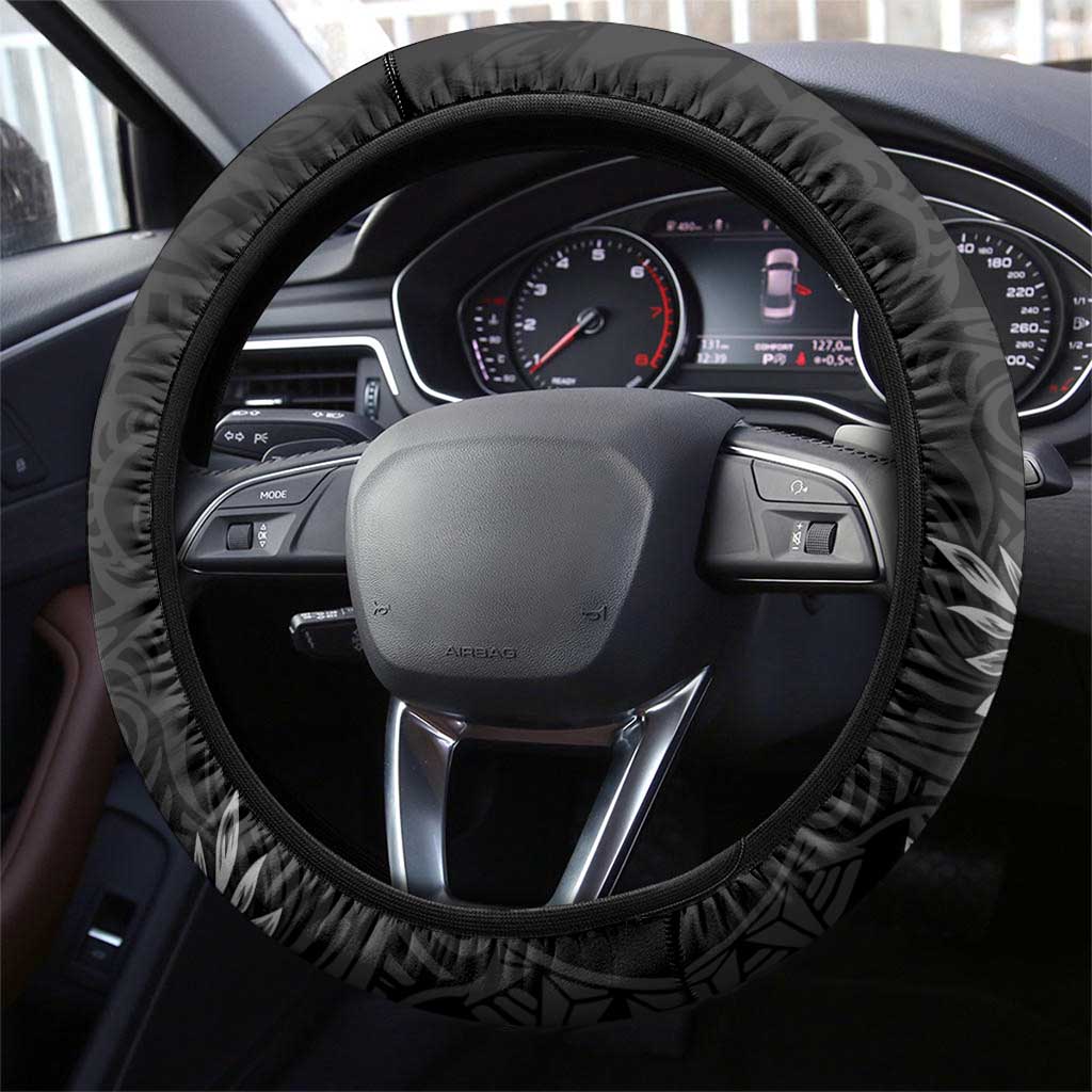 Polynesia Hammerhead Shark Steering Wheel Cover Tropical Flowers Tribal Pattern Black LT05 - Polynesian Pride