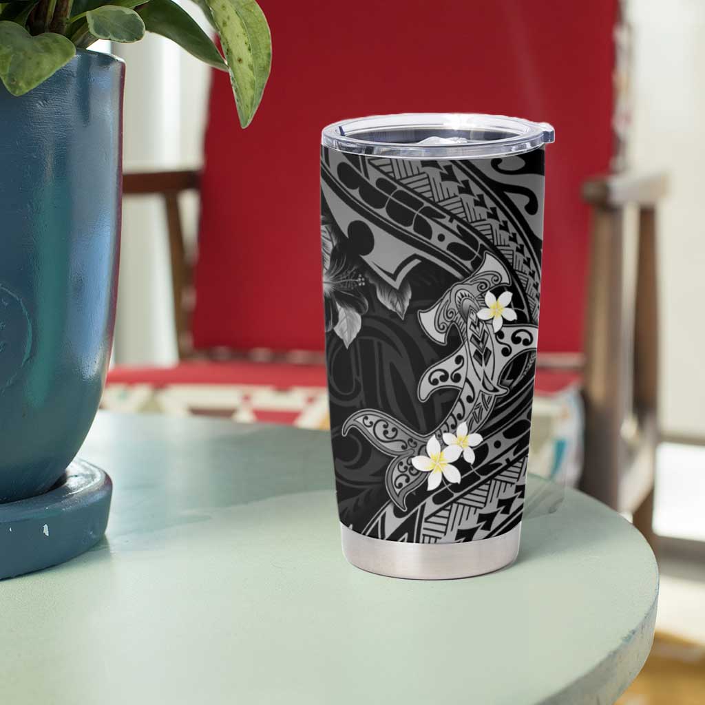 Polynesia Hammerhead Shark Tumbler Cup Tropical Flowers Tribal Pattern Black LT05 - Polynesian Pride
