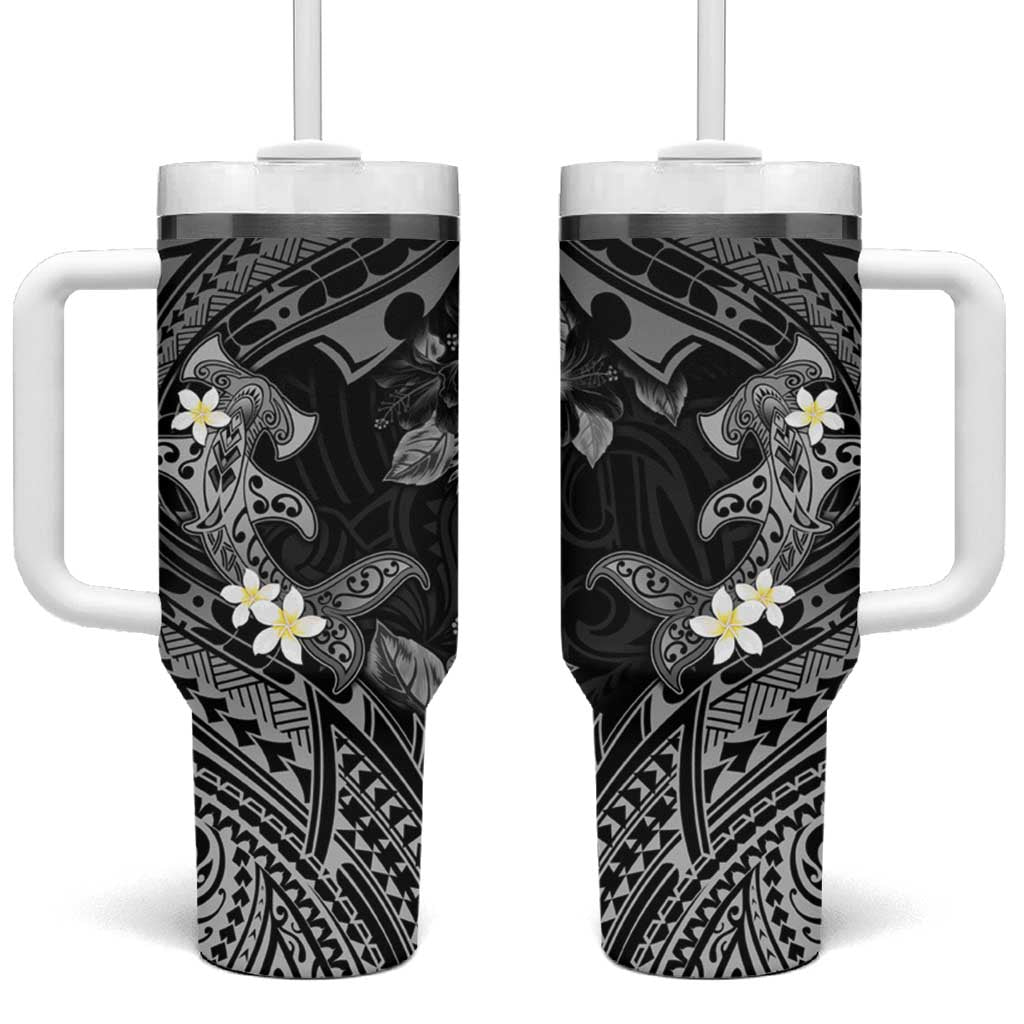 Polynesia Hammerhead Shark Tumbler With Handle Tropical Flowers Tribal Pattern Black