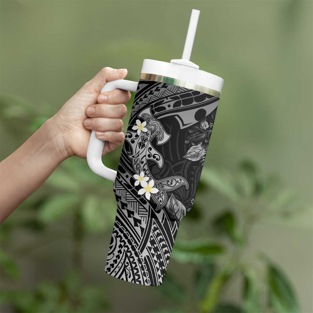 Polynesia Hammerhead Shark Tumbler With Handle Tropical Flowers Tribal Pattern Black LT05 - Polynesian Pride