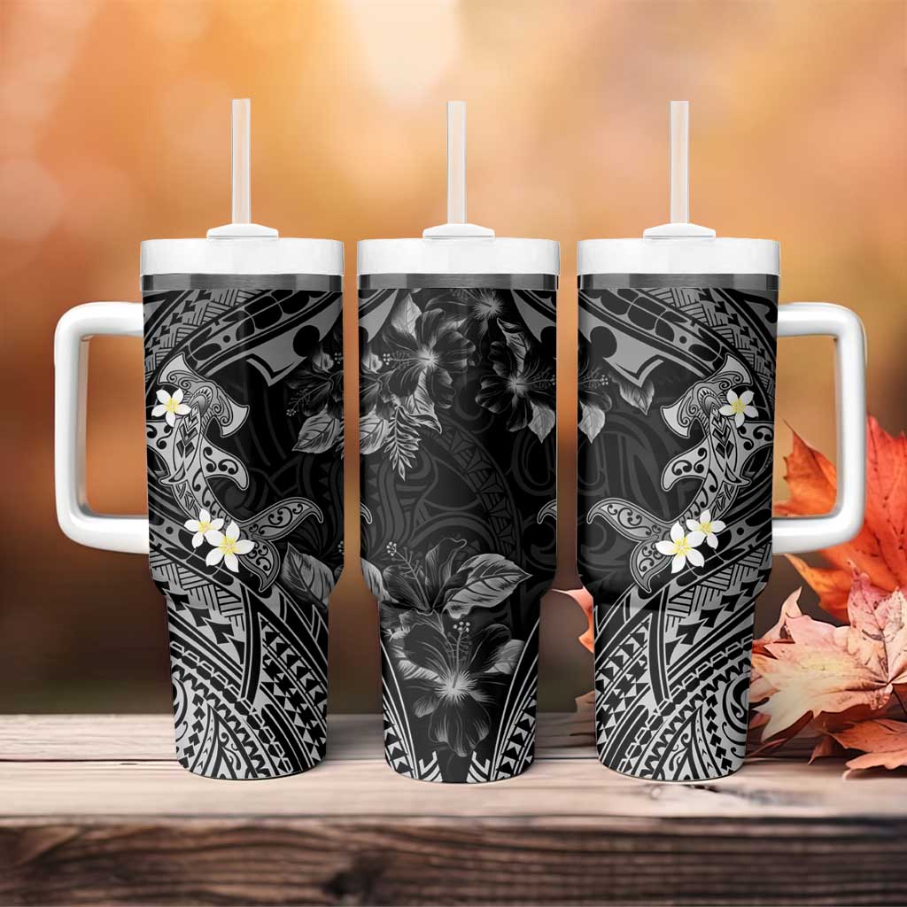 Polynesia Hammerhead Shark Tumbler With Handle Tropical Flowers Tribal Pattern Black LT05 - Polynesian Pride