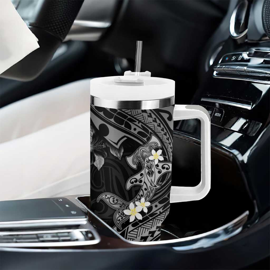 Polynesia Hammerhead Shark Tumbler With Handle Tropical Flowers Tribal Pattern Black LT05 - Polynesian Pride
