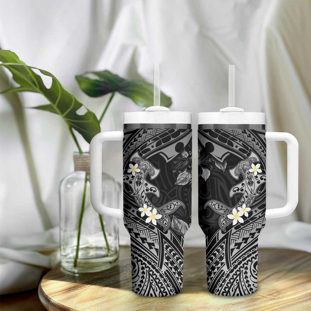 Polynesia Hammerhead Shark Tumbler With Handle Tropical Flowers Tribal Pattern Black LT05 - Polynesian Pride
