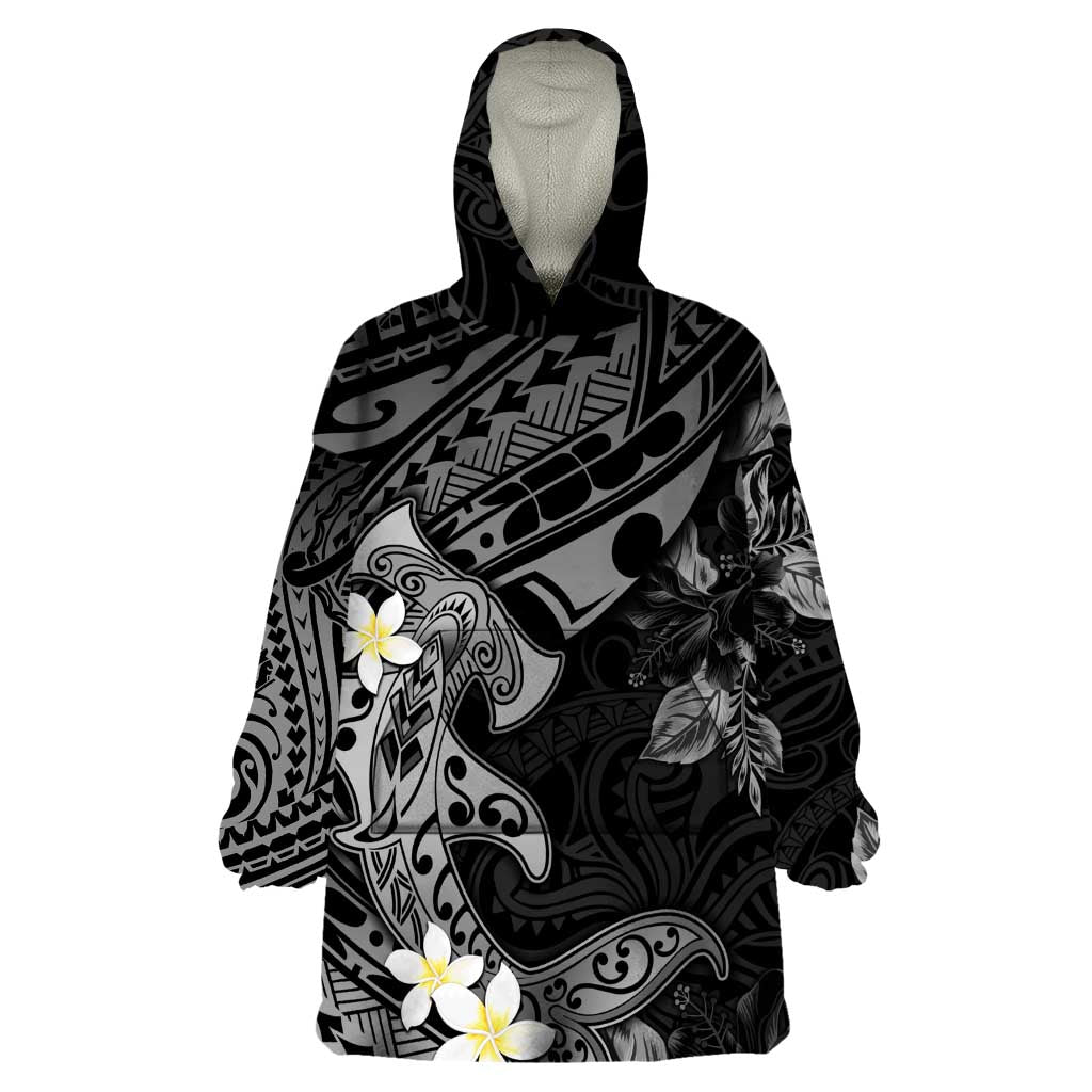 Polynesia Hammerhead Shark Wearable Blanket Hoodie Tropical Flowers Tribal Pattern Black