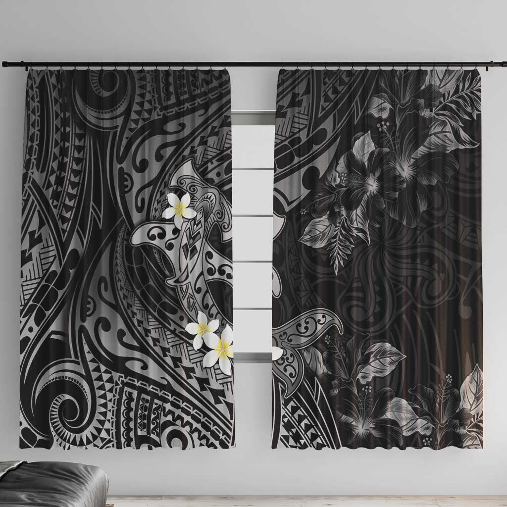 Polynesia Hammerhead Shark Window Curtain Tropical Flowers Tribal Pattern Black LT05 With Hooks Black - Polynesian Pride