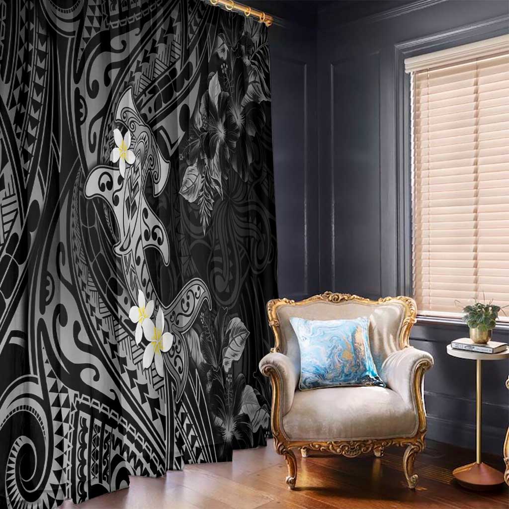 Polynesia Hammerhead Shark Window Curtain Tropical Flowers Tribal Pattern Black LT05 - Polynesian Pride