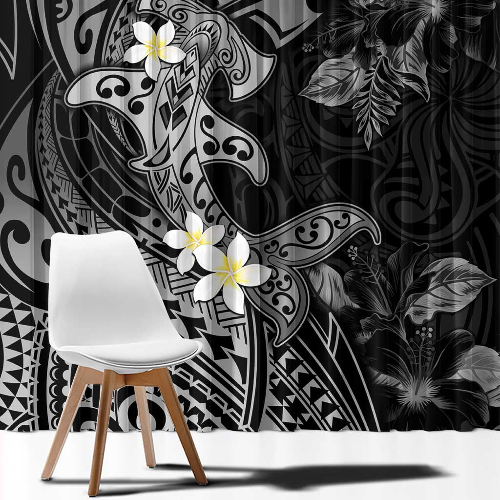 Polynesia Hammerhead Shark Window Curtain Tropical Flowers Tribal Pattern Black LT05 - Polynesian Pride