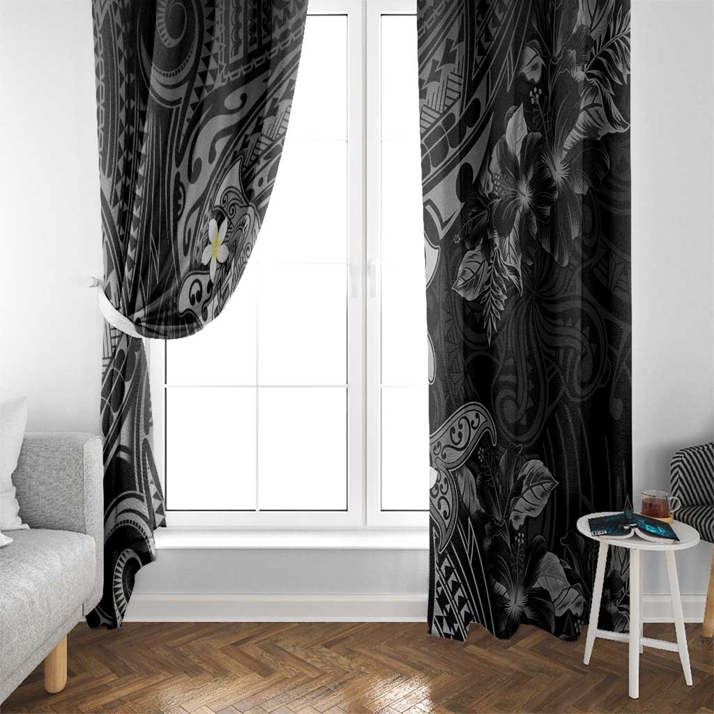 Polynesia Hammerhead Shark Window Curtain Tropical Flowers Tribal Pattern Black LT05 - Polynesian Pride
