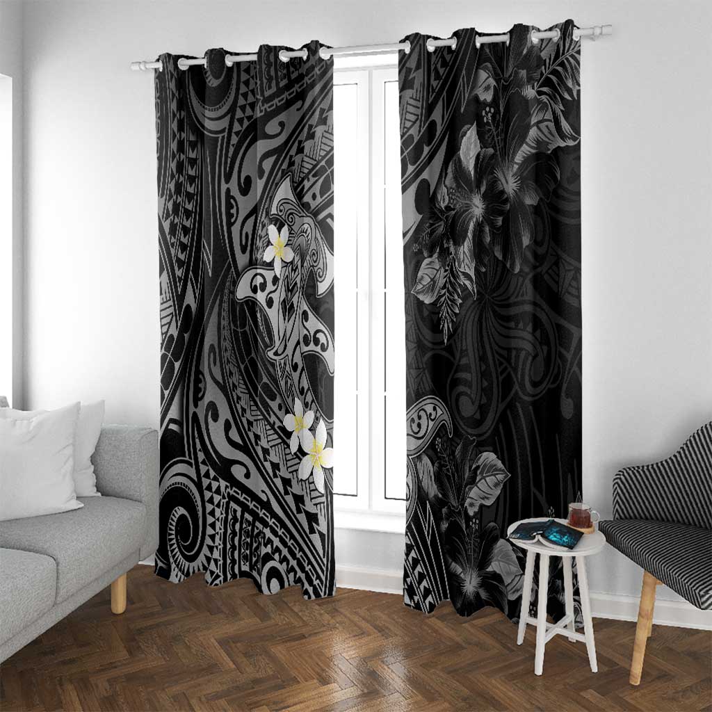 Polynesia Hammerhead Shark Window Curtain Tropical Flowers Tribal Pattern Black LT05 With Grommets Black - Polynesian Pride
