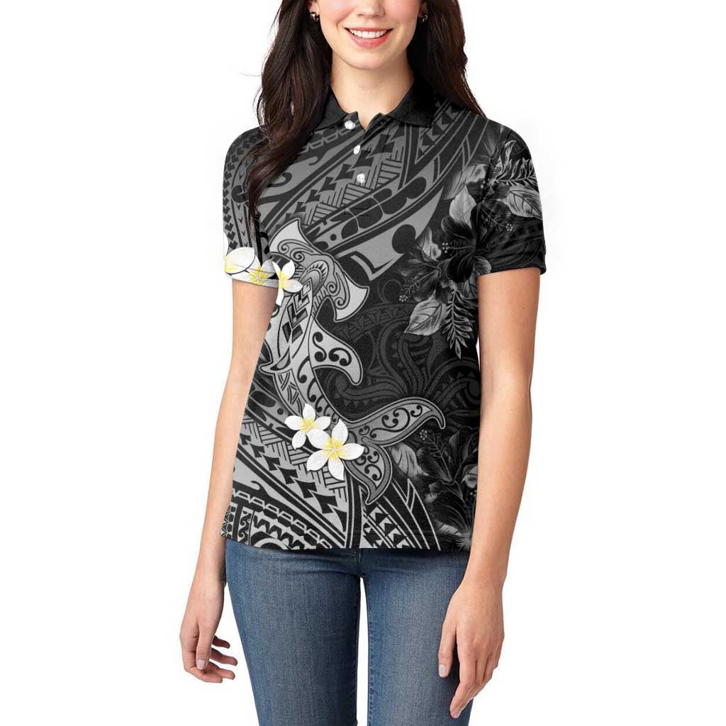 Polynesia Hammerhead Shark Women Polo Shirt Tropical Flowers Tribal Pattern Black
