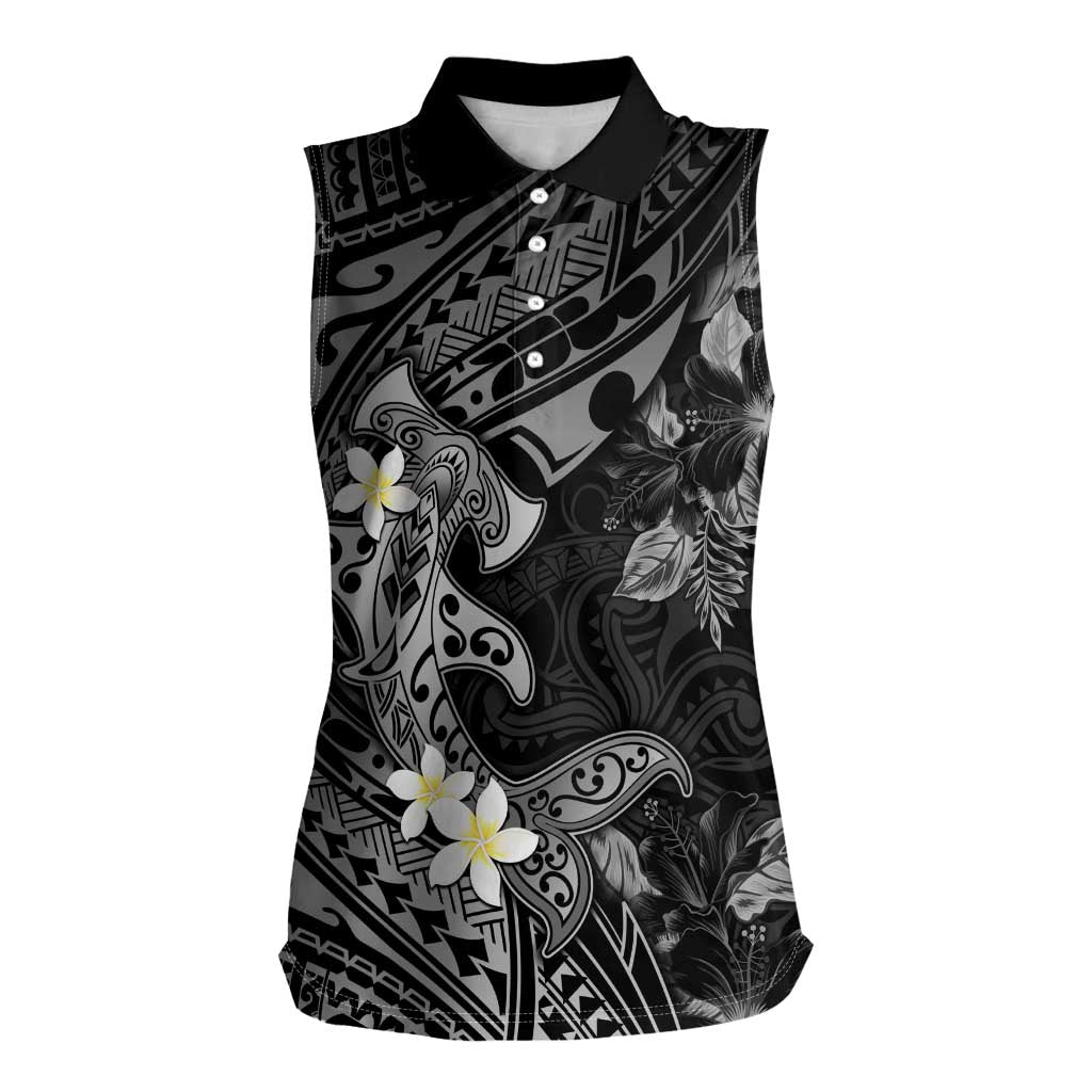 Polynesia Hammerhead Shark Women Sleeveless Polo Shirt Tropical Flowers Tribal Pattern Black