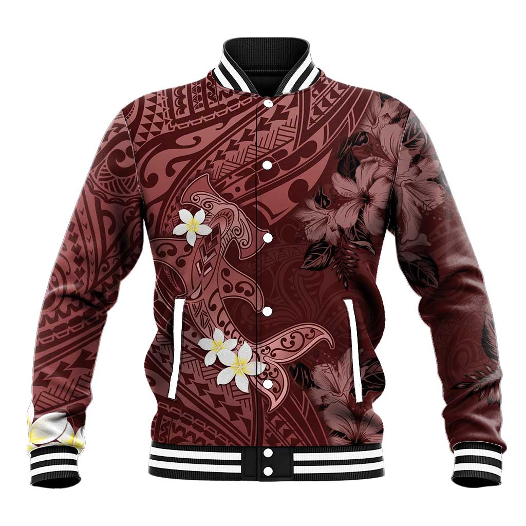 Polynesia Hammerhead Shark Baseball Jacket Tropical Flowers Tribal Pattern Oxblood LT05 Unisex Oxblood - Polynesian Pride
