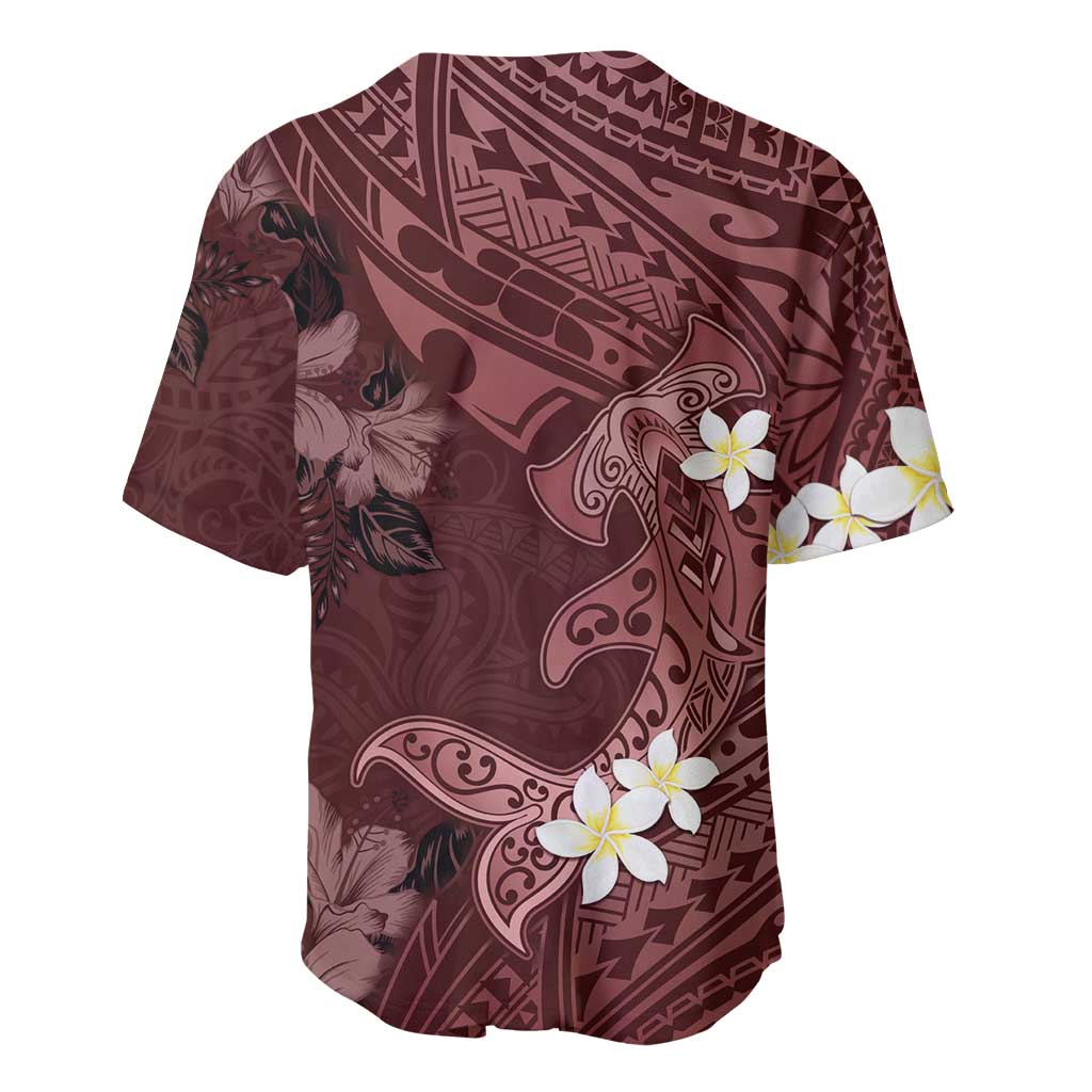 Polynesia Hammerhead Shark Baseball Jersey Tropical Flowers Tribal Pattern Oxblood