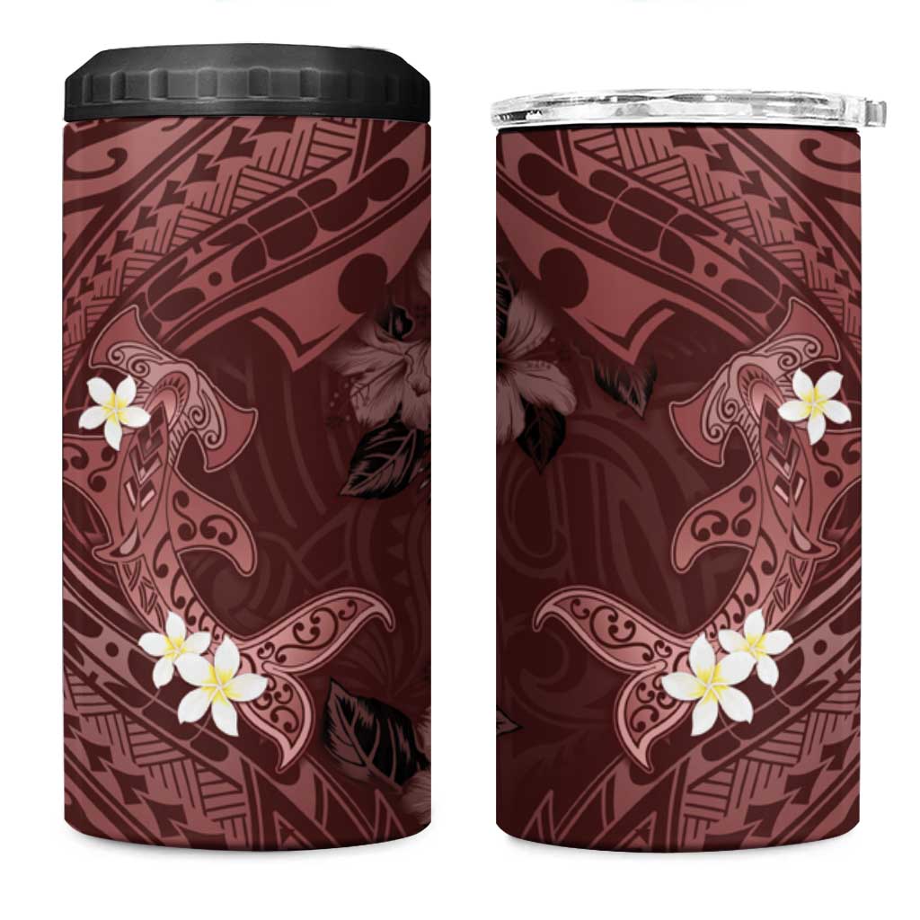 Polynesia Hammerhead Shark 4 in 1 Can Cooler Tumbler Tropical Flowers Tribal Pattern Oxblood
