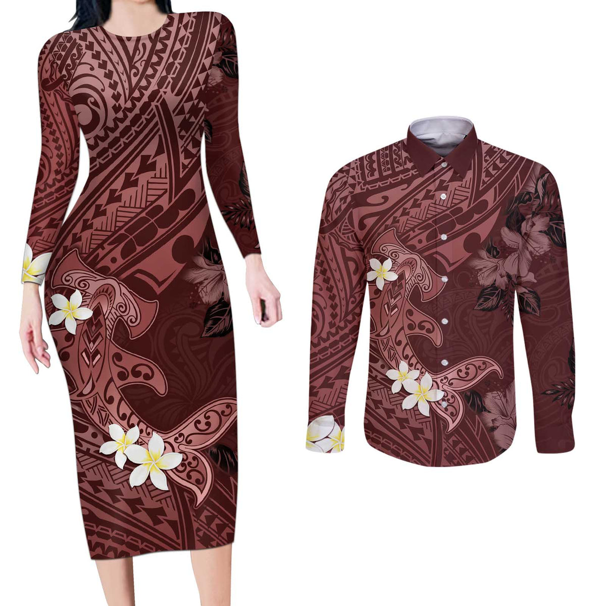 Polynesia Hammerhead Shark Couples Matching Long Sleeve Bodycon Dress and Long Sleeve Button Shirt Tropical Flowers Tribal Pattern Oxblood LT05 Oxblood - Polynesian Pride