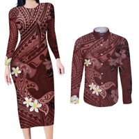 Polynesia Hammerhead Shark Couples Matching Long Sleeve Bodycon Dress and Long Sleeve Button Shirt Tropical Flowers Tribal Pattern Oxblood LT05 Oxblood - Polynesian Pride