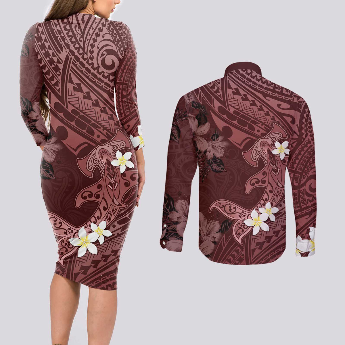Polynesia Hammerhead Shark Couples Matching Long Sleeve Bodycon Dress and Long Sleeve Button Shirt Tropical Flowers Tribal Pattern Oxblood LT05 - Polynesian Pride