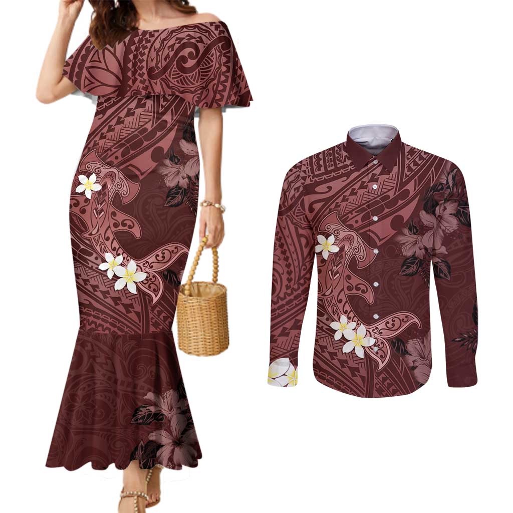 Polynesia Hammerhead Shark Couples Matching Mermaid Dress and Long Sleeve Button Shirt Tropical Flowers Tribal Pattern Oxblood LT05 Oxblood - Polynesian Pride