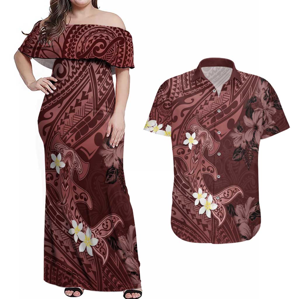 Polynesia Hammerhead Shark Couples Matching Off Shoulder Maxi Dress and Hawaiian Shirt Tropical Flowers Tribal Pattern Oxblood