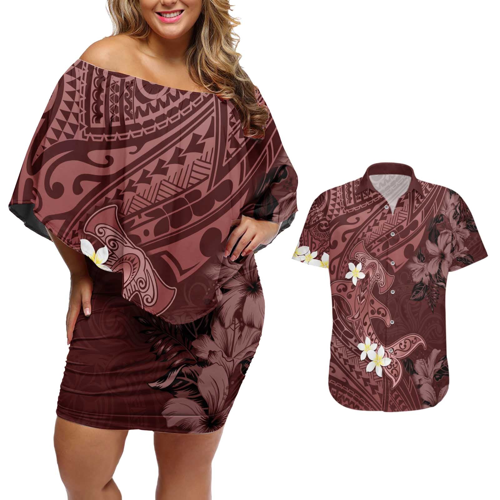 Polynesia Hammerhead Shark Couples Matching Off Shoulder Short Dress and Hawaiian Shirt Tropical Flowers Tribal Pattern Oxblood