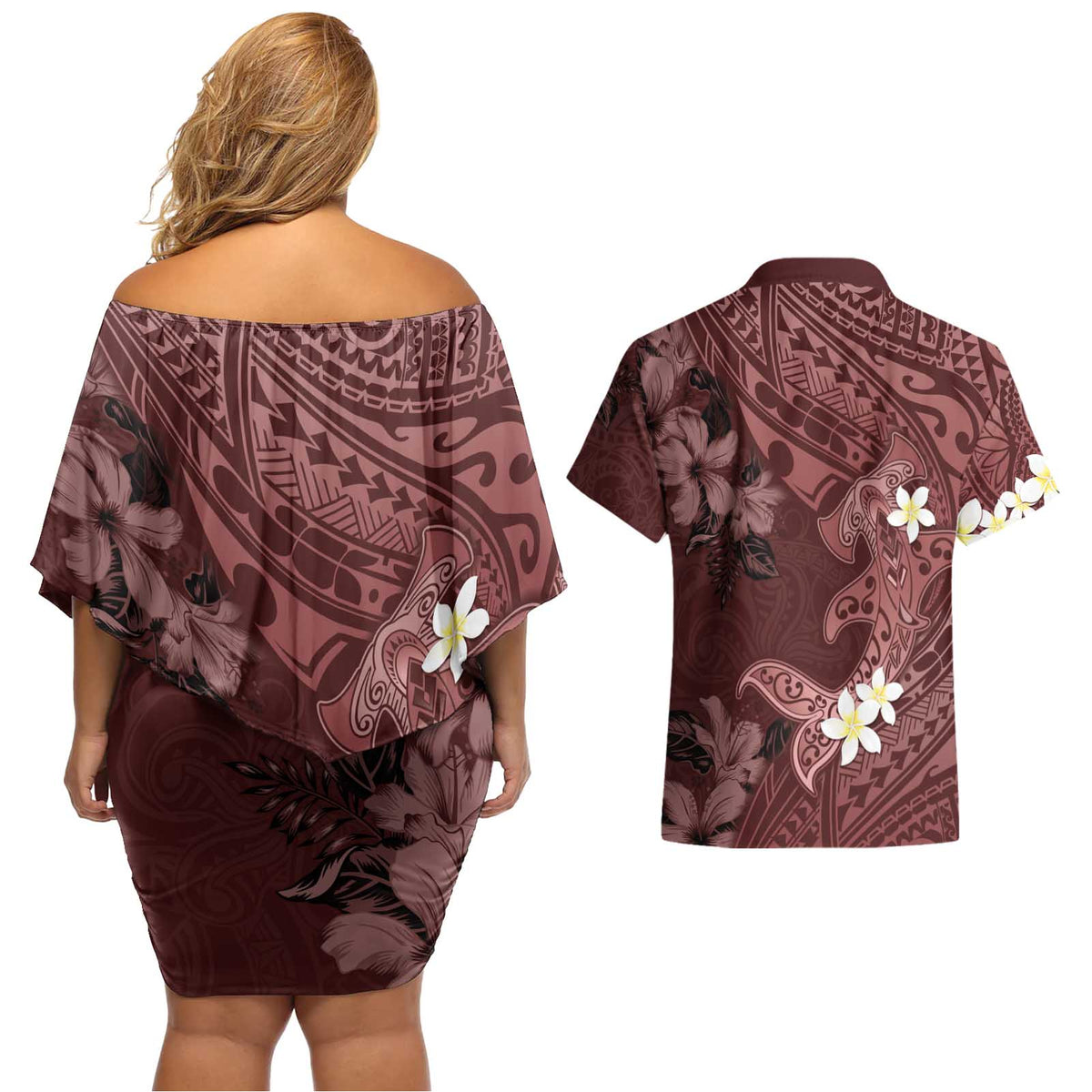 Polynesia Hammerhead Shark Couples Matching Off Shoulder Short Dress and Hawaiian Shirt Tropical Flowers Tribal Pattern Oxblood LT05 - Polynesian Pride