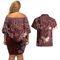 Polynesia Hammerhead Shark Couples Matching Off Shoulder Short Dress and Hawaiian Shirt Tropical Flowers Tribal Pattern Oxblood LT05 - Polynesian Pride
