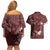 Polynesia Hammerhead Shark Couples Matching Off Shoulder Short Dress and Hawaiian Shirt Tropical Flowers Tribal Pattern Oxblood