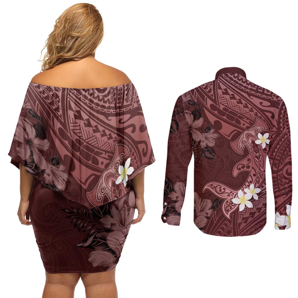 Polynesia Hammerhead Shark Couples Matching Off Shoulder Short Dress and Long Sleeve Button Shirt Tropical Flowers Tribal Pattern Oxblood LT05 - Polynesian Pride