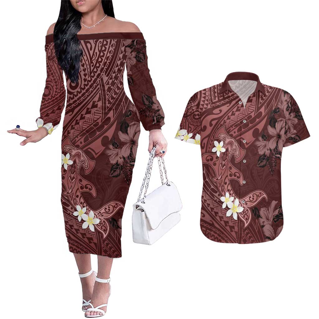 Polynesia Hammerhead Shark Couples Matching Off The Shoulder Long Sleeve Dress and Hawaiian Shirt Tropical Flowers Tribal Pattern Oxblood