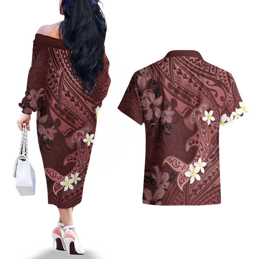Polynesia Hammerhead Shark Couples Matching Off The Shoulder Long Sleeve Dress and Hawaiian Shirt Tropical Flowers Tribal Pattern Oxblood LT05 - Polynesian Pride