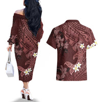 Polynesia Hammerhead Shark Couples Matching Off The Shoulder Long Sleeve Dress and Hawaiian Shirt Tropical Flowers Tribal Pattern Oxblood LT05 - Polynesian Pride