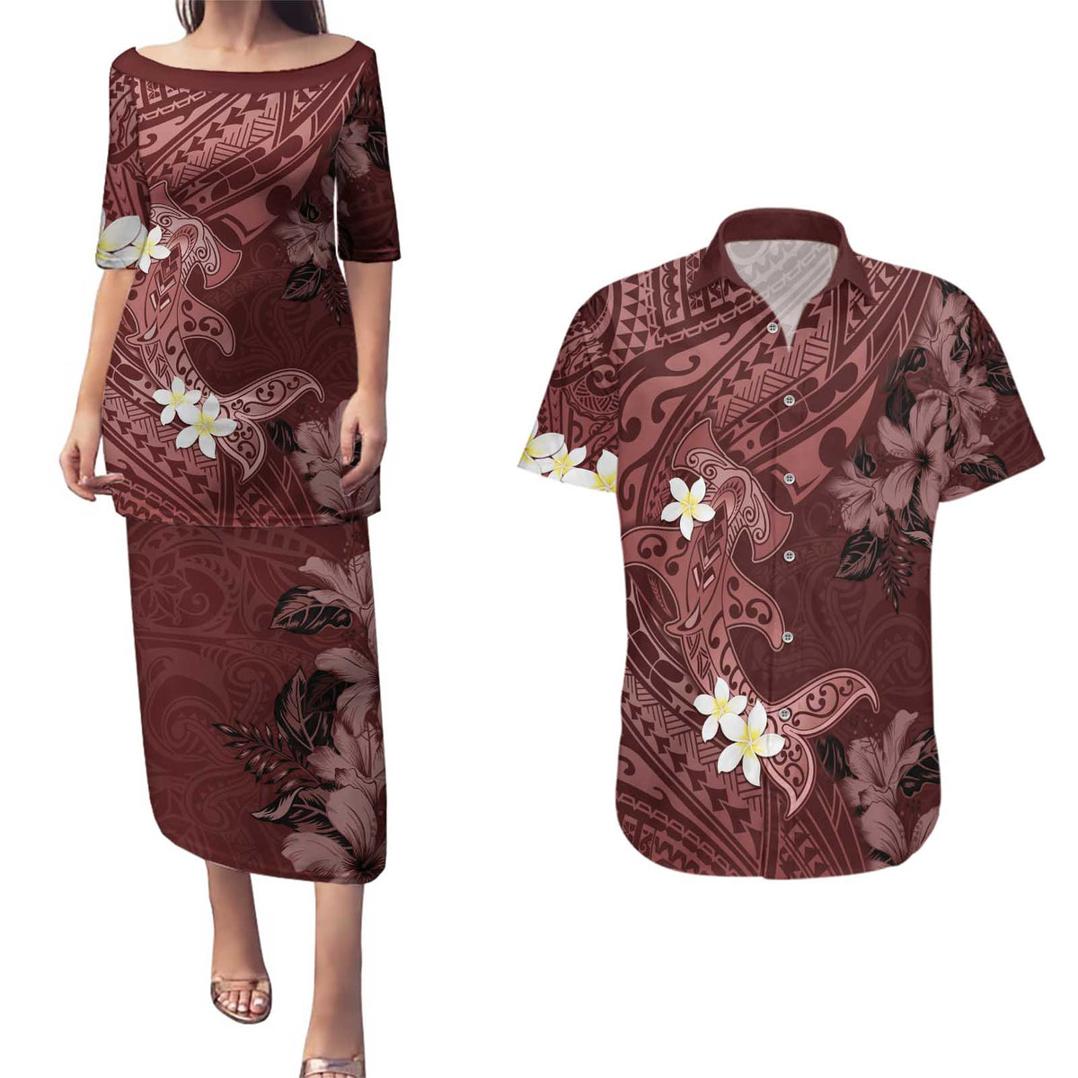 Polynesia Hammerhead Shark Couples Matching Puletasi and Hawaiian Shirt Tropical Flowers Tribal Pattern Oxblood LT05 Oxblood - Polynesian Pride