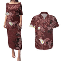 Polynesia Hammerhead Shark Couples Matching Puletasi and Hawaiian Shirt Tropical Flowers Tribal Pattern Oxblood LT05 Oxblood - Polynesian Pride