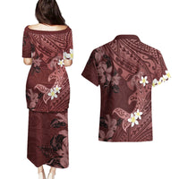 Polynesia Hammerhead Shark Couples Matching Puletasi and Hawaiian Shirt Tropical Flowers Tribal Pattern Oxblood LT05 - Polynesian Pride