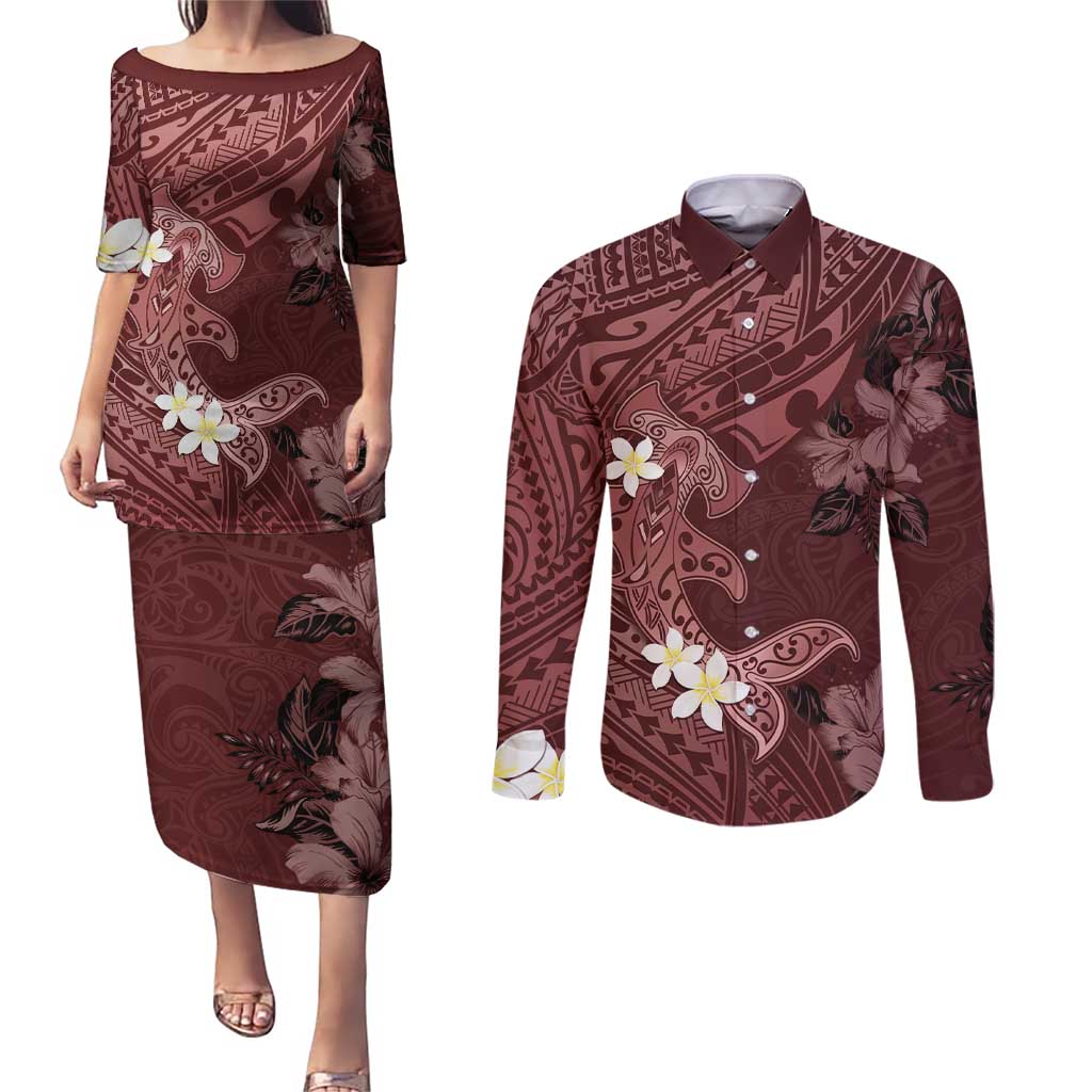Polynesia Hammerhead Shark Couples Matching Puletasi and Long Sleeve Button Shirt Tropical Flowers Tribal Pattern Oxblood LT05 Oxblood - Polynesian Pride
