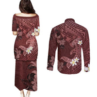 Polynesia Hammerhead Shark Couples Matching Puletasi and Long Sleeve Button Shirt Tropical Flowers Tribal Pattern Oxblood LT05 - Polynesian Pride
