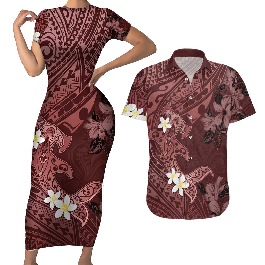Polynesia Hammerhead Shark Couples Matching Short Sleeve Bodycon Dress and Hawaiian Shirt Tropical Flowers Tribal Pattern Oxblood LT05 Oxblood - Polynesian Pride