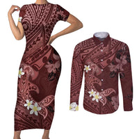 Polynesia Hammerhead Shark Couples Matching Short Sleeve Bodycon Dress and Long Sleeve Button Shirt Tropical Flowers Tribal Pattern Oxblood LT05 Oxblood - Polynesian Pride