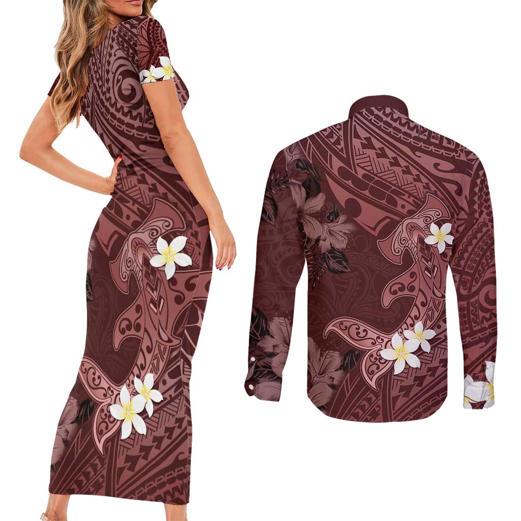 Polynesia Hammerhead Shark Couples Matching Short Sleeve Bodycon Dress and Long Sleeve Button Shirt Tropical Flowers Tribal Pattern Oxblood LT05 - Polynesian Pride