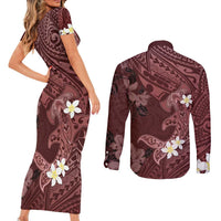 Polynesia Hammerhead Shark Couples Matching Short Sleeve Bodycon Dress and Long Sleeve Button Shirt Tropical Flowers Tribal Pattern Oxblood LT05 - Polynesian Pride