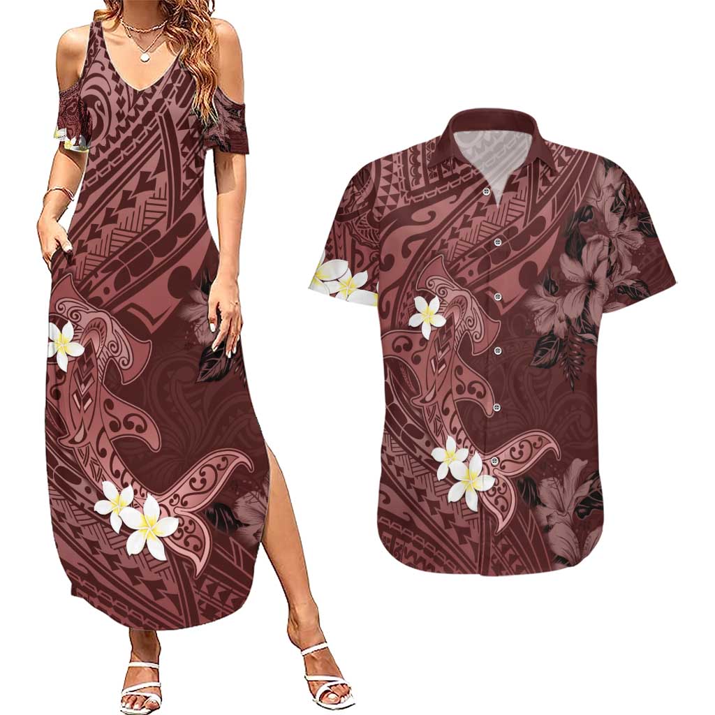 Polynesia Hammerhead Shark Couples Matching Summer Maxi Dress and Hawaiian Shirt Tropical Flowers Tribal Pattern Oxblood