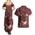 Polynesia Hammerhead Shark Couples Matching Summer Maxi Dress and Hawaiian Shirt Tropical Flowers Tribal Pattern Oxblood