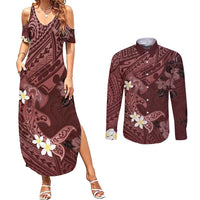 Polynesia Hammerhead Shark Couples Matching Summer Maxi Dress and Long Sleeve Button Shirt Tropical Flowers Tribal Pattern Oxblood LT05 Oxblood - Polynesian Pride