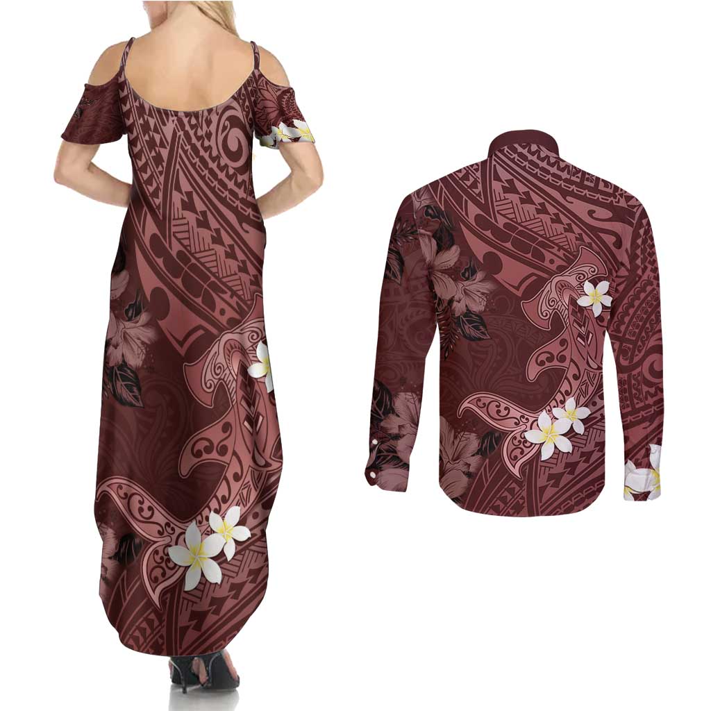 Polynesia Hammerhead Shark Couples Matching Summer Maxi Dress and Long Sleeve Button Shirt Tropical Flowers Tribal Pattern Oxblood LT05 - Polynesian Pride