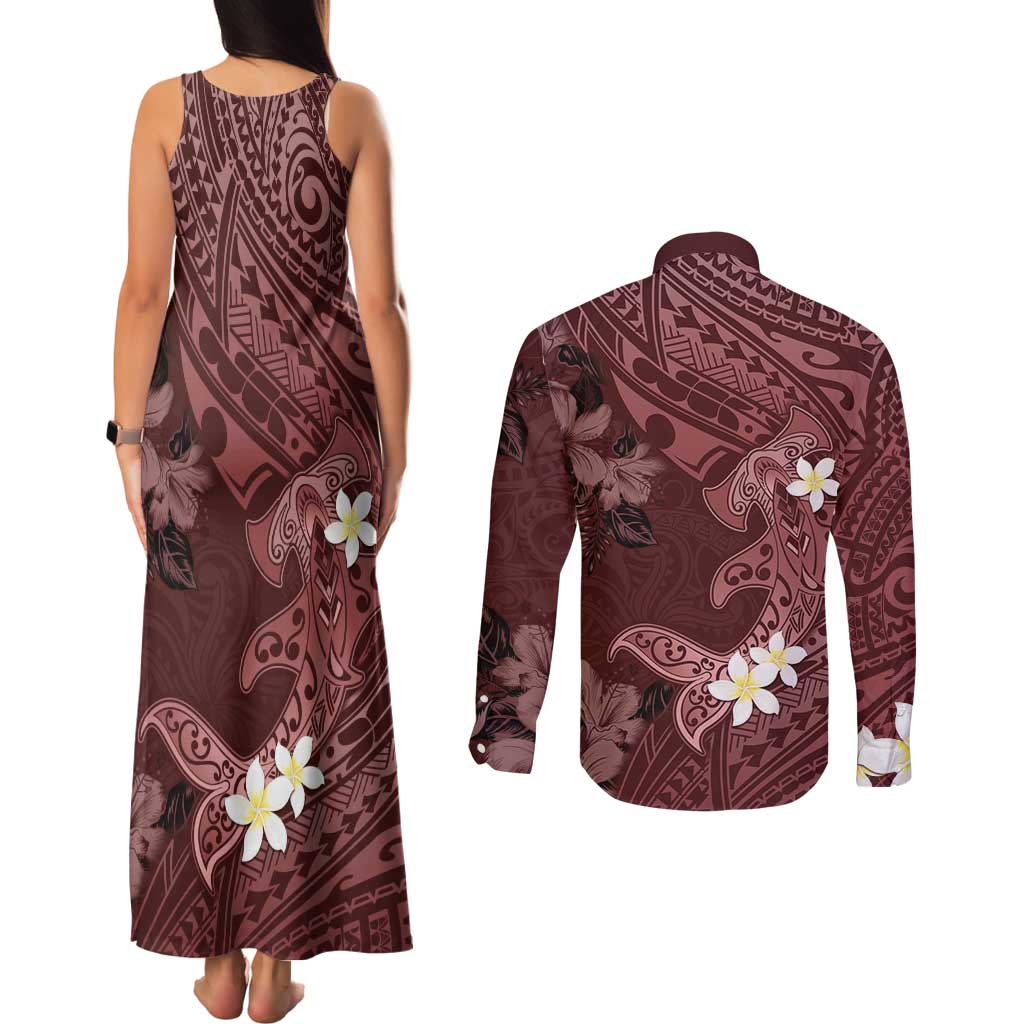 Polynesia Hammerhead Shark Couples Matching Tank Maxi Dress and Long Sleeve Button Shirt Tropical Flowers Tribal Pattern Oxblood LT05 - Polynesian Pride