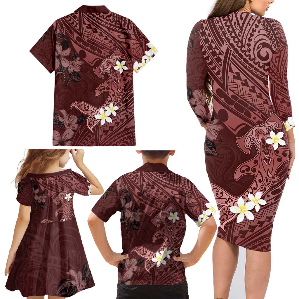 Polynesia Hammerhead Shark Family Matching Long Sleeve Bodycon Dress and Hawaiian Shirt Tropical Flowers Tribal Pattern Oxblood