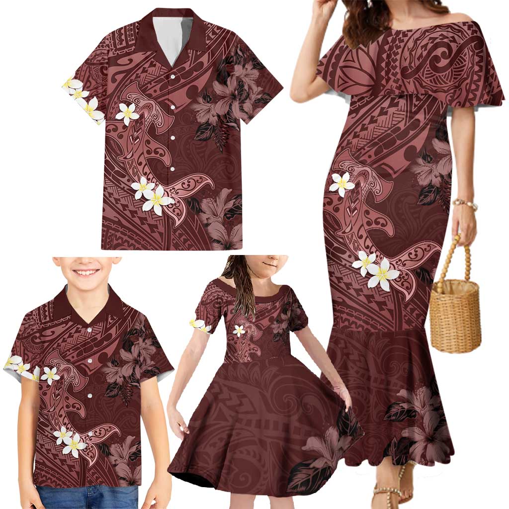 Polynesia Hammerhead Shark Family Matching Mermaid Dress and Hawaiian Shirt Tropical Flowers Tribal Pattern Oxblood