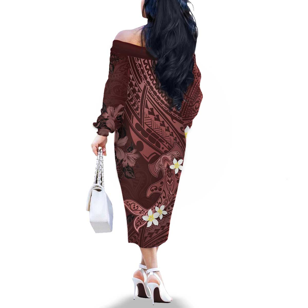 Polynesia Hammerhead Shark Family Matching Off The Shoulder Long Sleeve Dress and Hawaiian Shirt Tropical Flowers Tribal Pattern Oxblood LT05 - Polynesian Pride