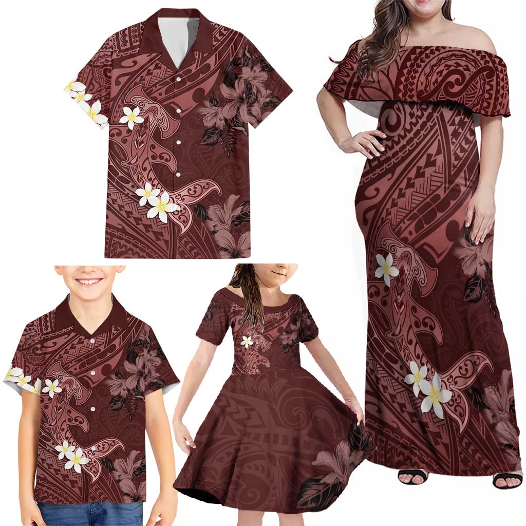 Polynesia Hammerhead Shark Family Matching Off Shoulder Maxi Dress and Hawaiian Shirt Tropical Flowers Tribal Pattern Oxblood LT05 - Polynesian Pride