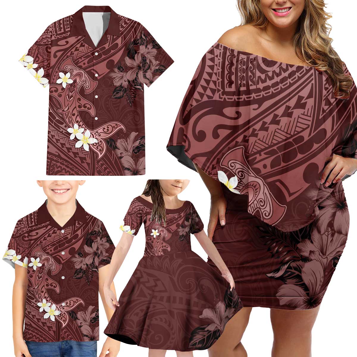 Polynesia Hammerhead Shark Family Matching Off Shoulder Short Dress and Hawaiian Shirt Tropical Flowers Tribal Pattern Oxblood